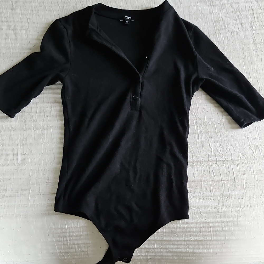 Express Fitted 3/4 Sleeve Black Ribbed Henley Bodysuit Black Small